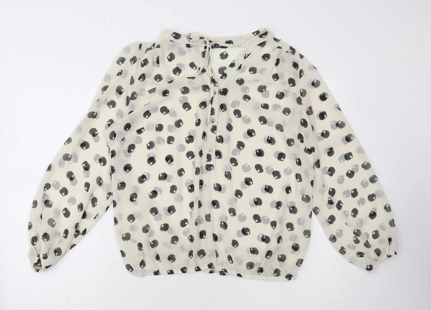 Moda Womens White Polka Dot Polyester Basic Blouse Size L V-Neck