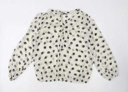 Moda Womens White Polka Dot Polyester Basic Blouse Size L V-Neck