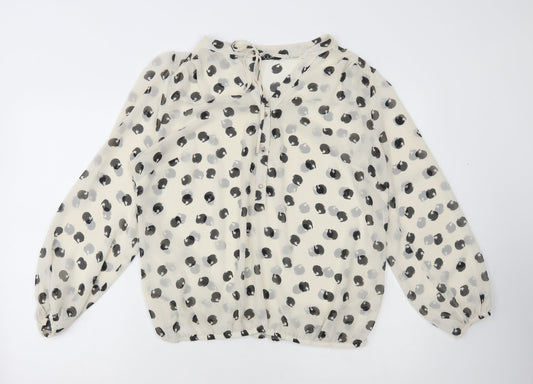 Moda Womens White Polka Dot Polyester Basic Blouse Size L V-Neck