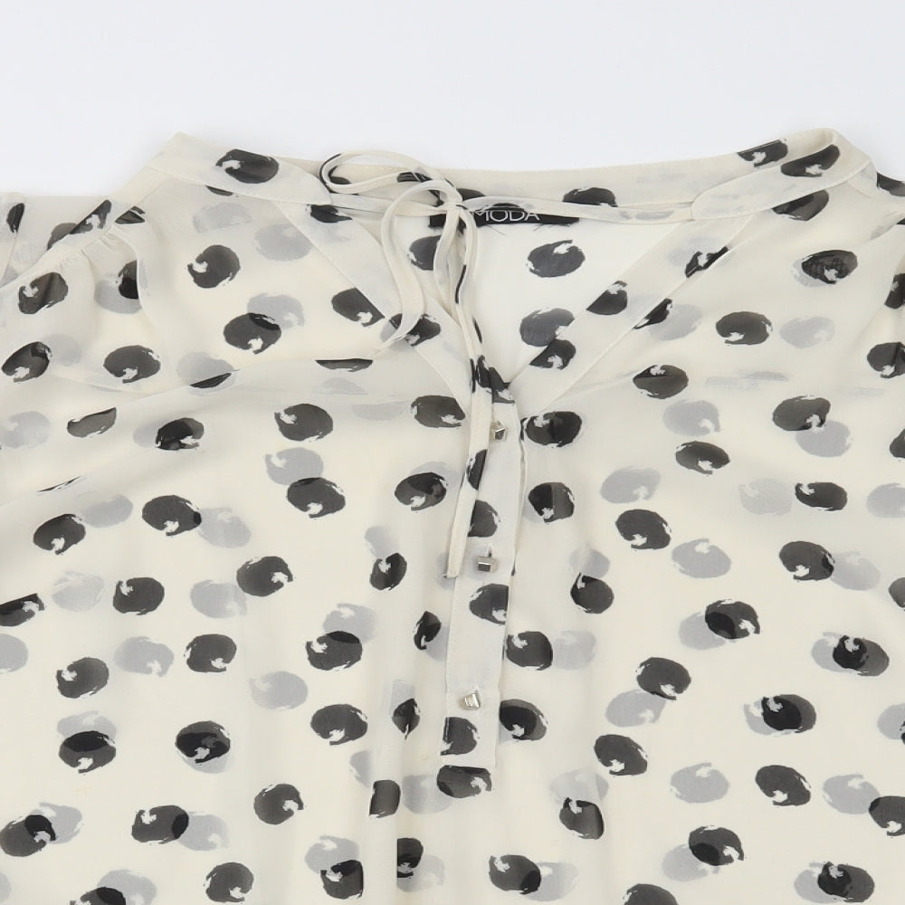 Moda Womens White Polka Dot Polyester Basic Blouse Size L V-Neck