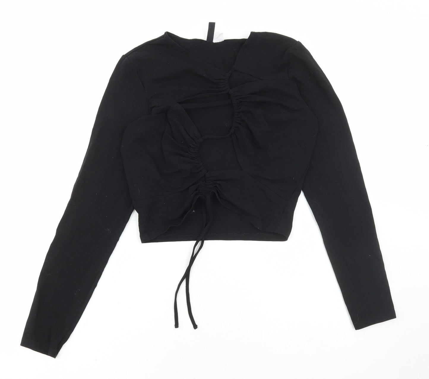 Divided by H&M Womens Black Cotton Cropped T-Shirt Size L V-Neck - Cut out
