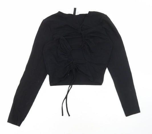 Divided by H&M Womens Black Cotton Cropped T-Shirt Size L V-Neck - Cut out