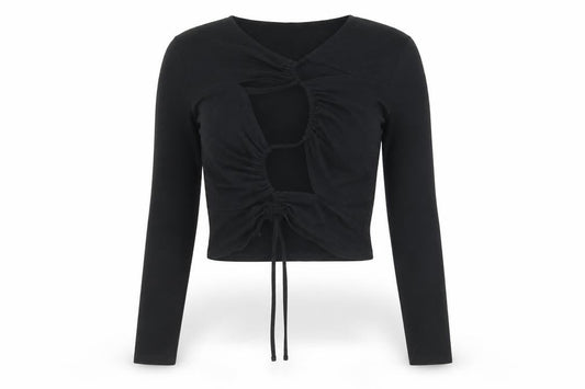 Divided by H&M Womens Black Cotton Cropped T-Shirt Size L V-Neck - Cut out
