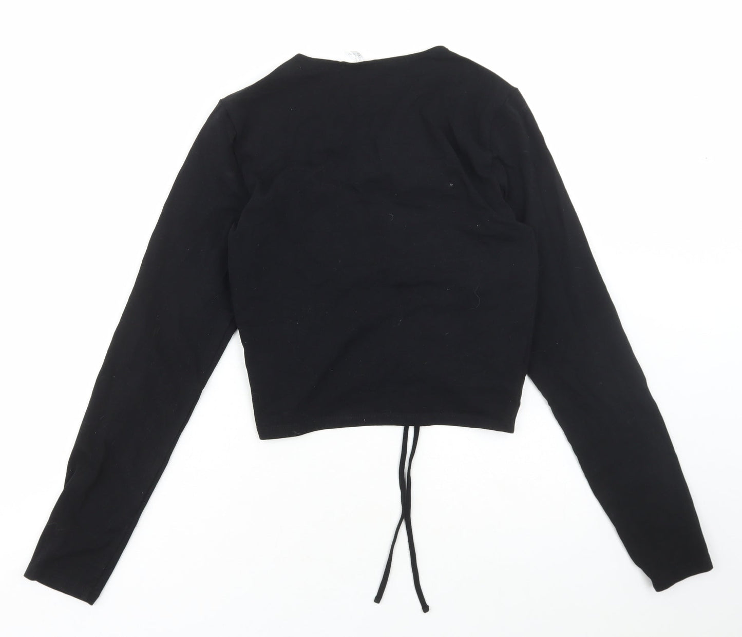 Divided by H&M Womens Black Cotton Cropped T-Shirt Size L V-Neck - Cut out