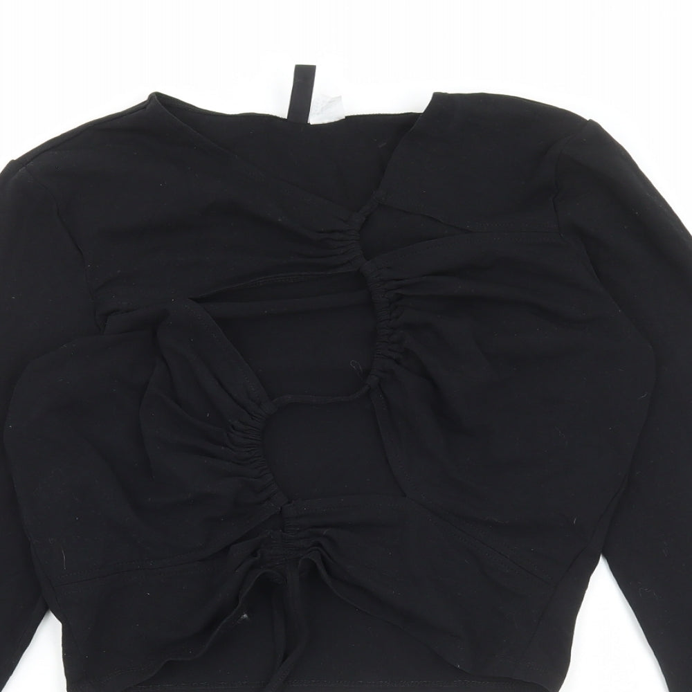Divided by H&M Womens Black Cotton Cropped T-Shirt Size L V-Neck - Cut out