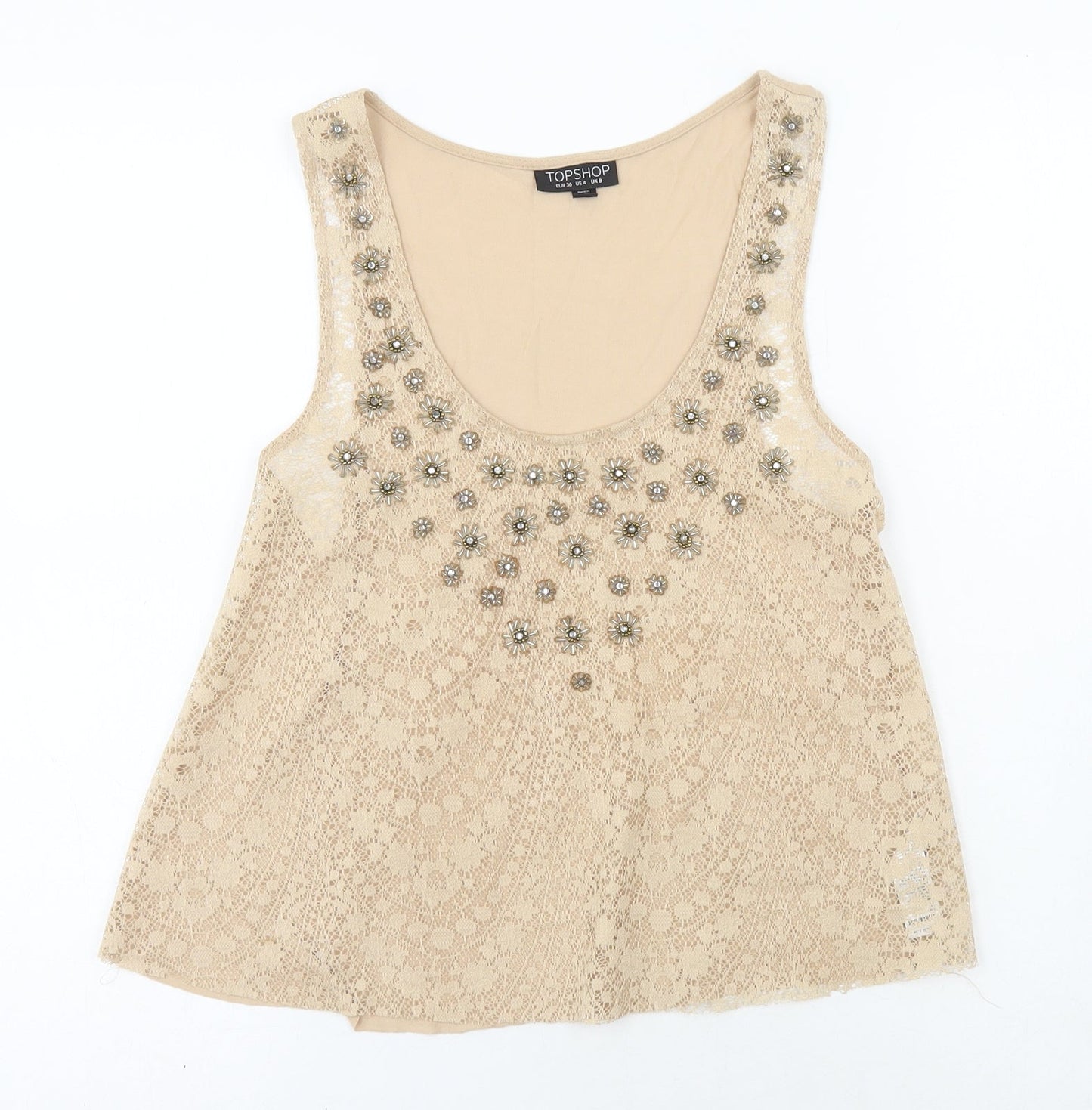 Topshop Womens Gold Polyester Camisole Tank Size 8 Round Neck - Lace Detail
