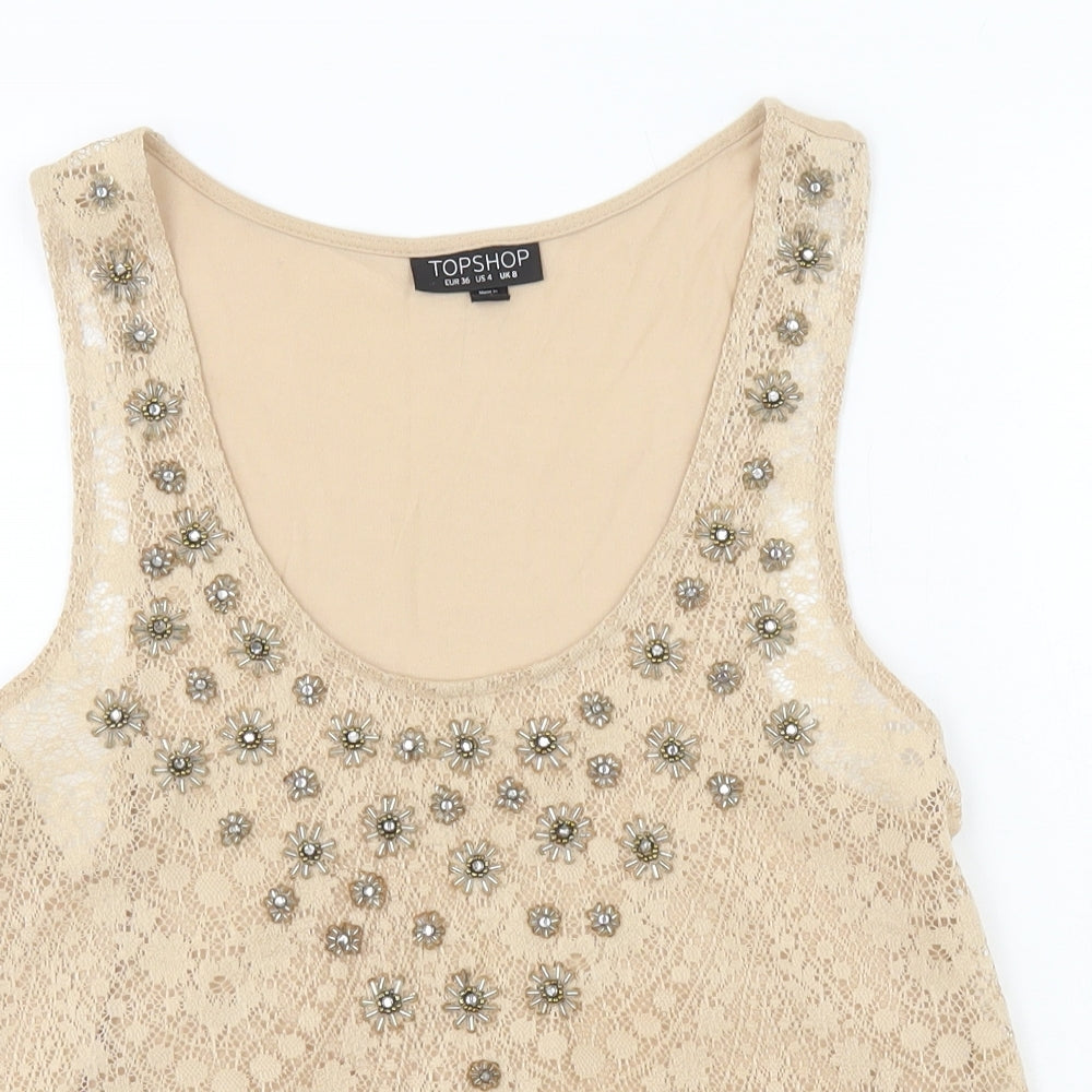 Topshop Womens Gold Polyester Camisole Tank Size 8 Round Neck - Lace Detail