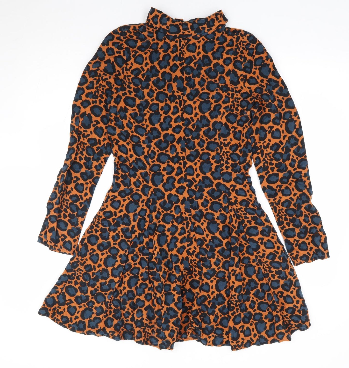 Topshop Womens Brown Animal Print Viscose Fit & Flare Size 10 High Neck Zip
