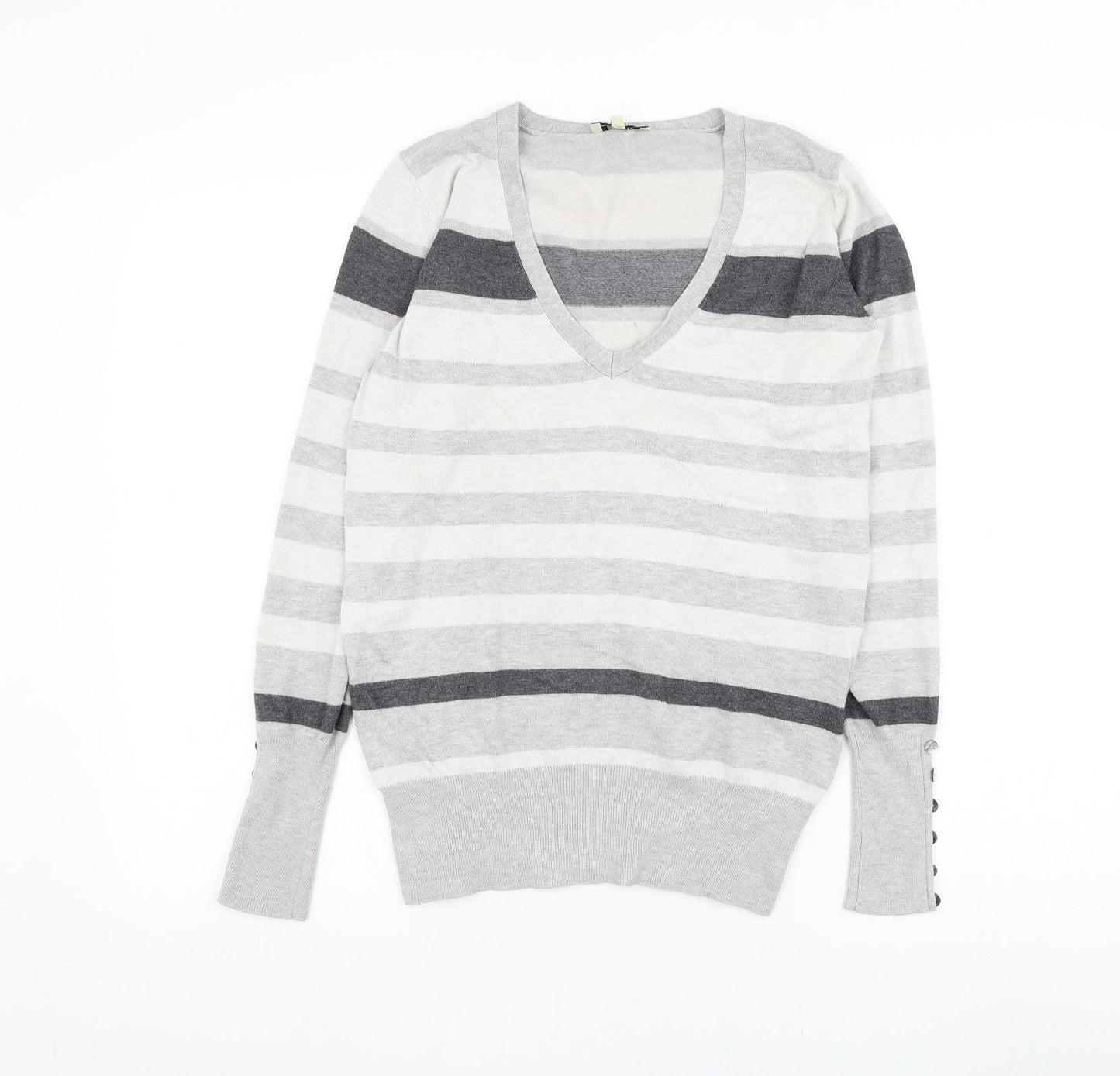 Papaya Womens Grey V-Neck Striped Viscose Pullover Jumper Size 12