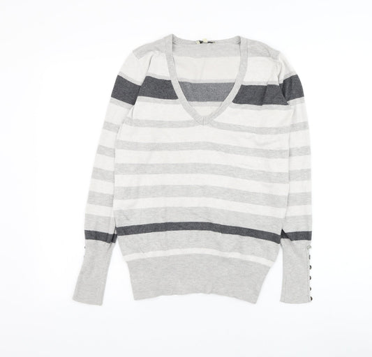 Papaya Womens Grey V-Neck Striped Viscose Pullover Jumper Size 12