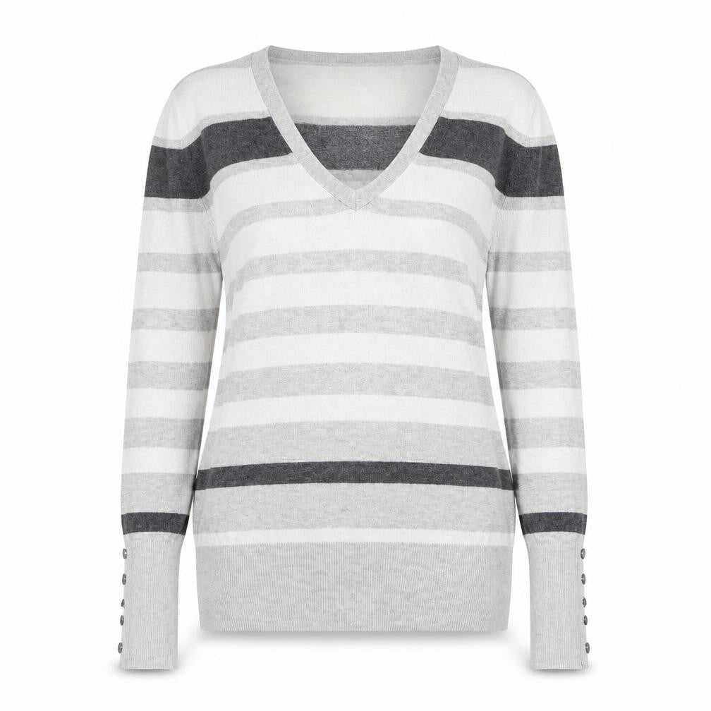 Papaya Womens Grey V-Neck Striped Viscose Pullover Jumper Size 12