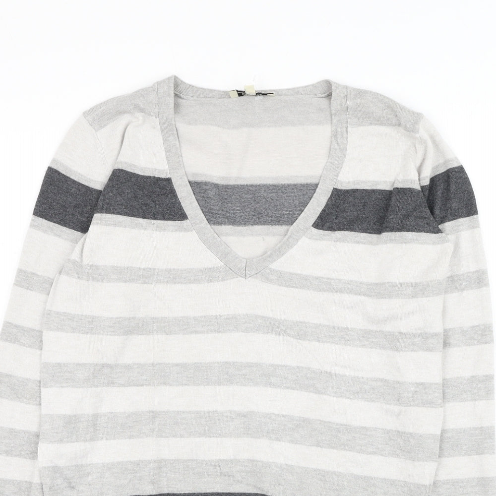 Papaya Womens Grey V-Neck Striped Viscose Pullover Jumper Size 12