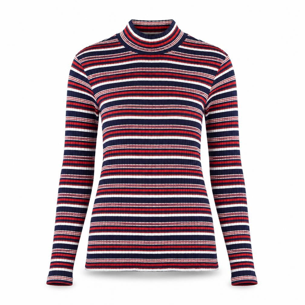 TU Womens Blue Mock Neck Striped Polyester Pullover Jumper Size 8