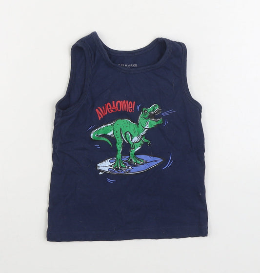 Primark Boys Blue 100% Cotton Basic Tank Size 2-3 Years Round Neck Pullover