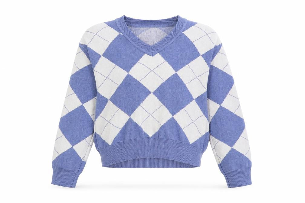 SheIn Girls Blue V-Neck Argyle/Diamond Polyester Pullover Jumper Size 8 Years Pullover