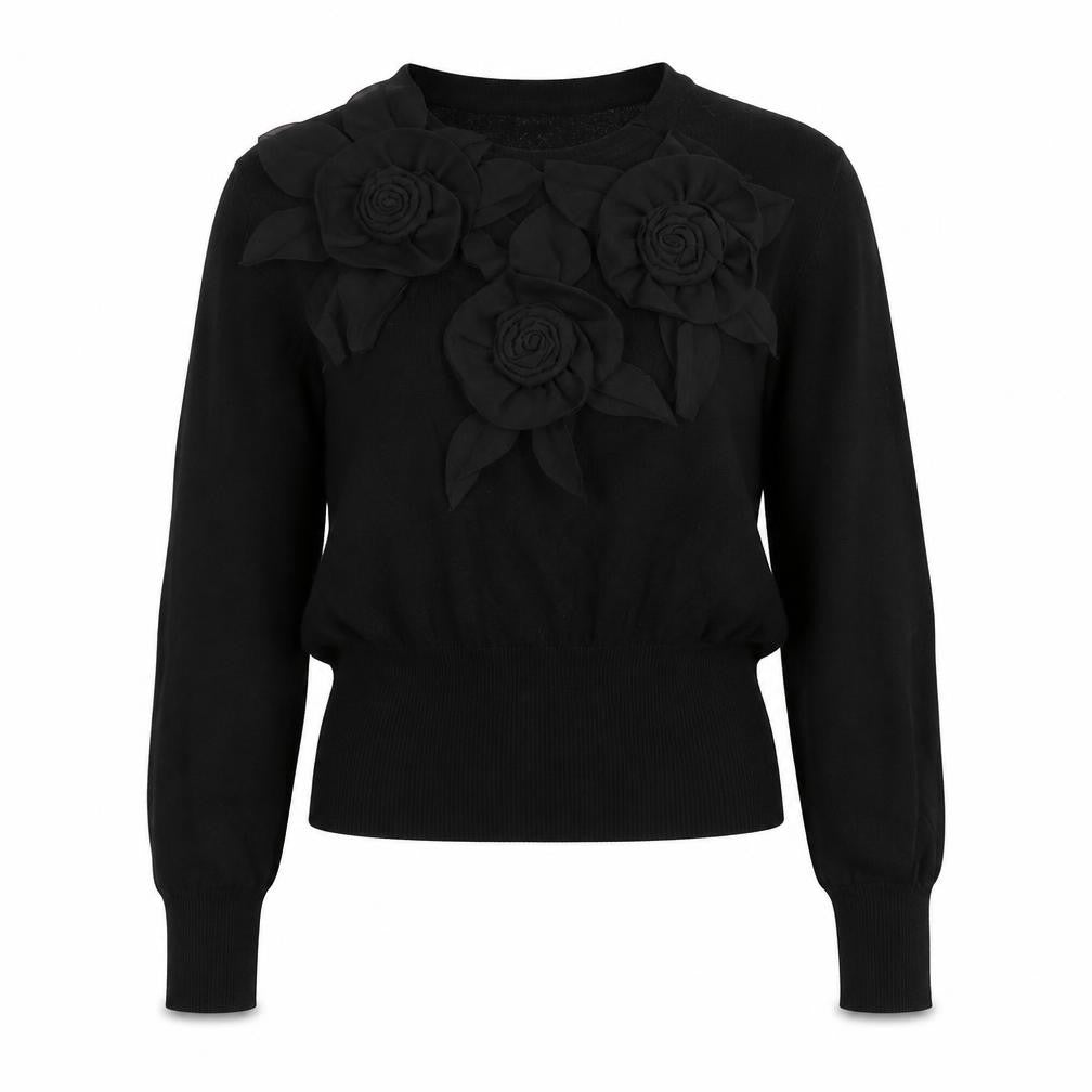 New York Womens Black Floral Polyester Basic Blouse Size S Crew Neck - Rose
