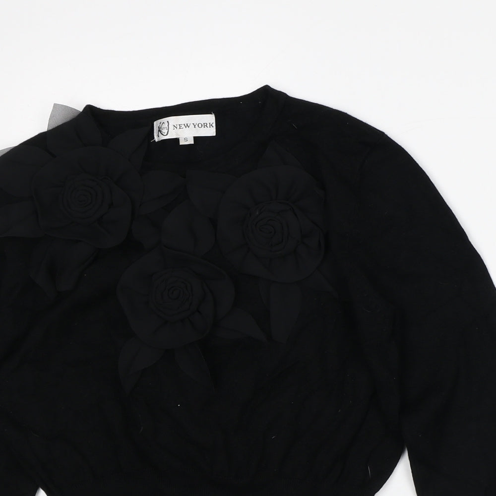 New York Womens Black Floral Polyester Basic Blouse Size S Crew Neck - Rose