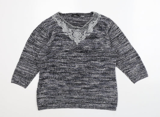 Bonmarché Womens Grey V-Neck Geometric Polyester Pullover Jumper Size M