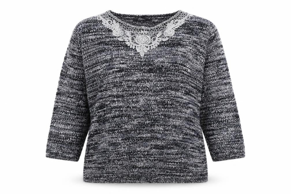 Bonmarché Womens Grey V-Neck Geometric Polyester Pullover Jumper Size M