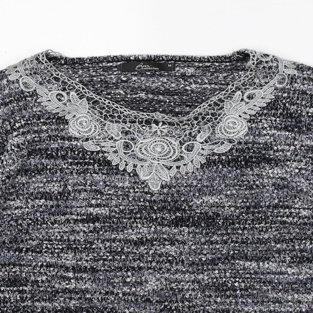 Bonmarché Womens Grey V-Neck Geometric Polyester Pullover Jumper Size M