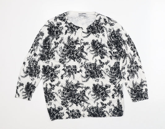 Croft & Barrow Womens White Round Neck Floral Cotton Cardigan Jumper Size M