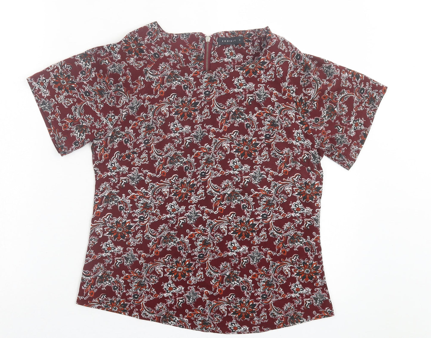 Exhibit Womens Red Geometric Polyester Basic T-Shirt Size 8 Crew Neck