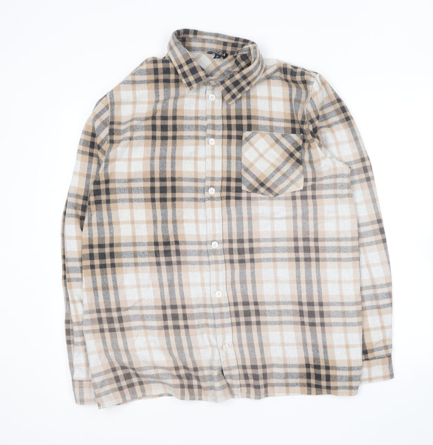 Boohoo Mens Brown Plaid Cotton Button-Up Size XL Collared Button
