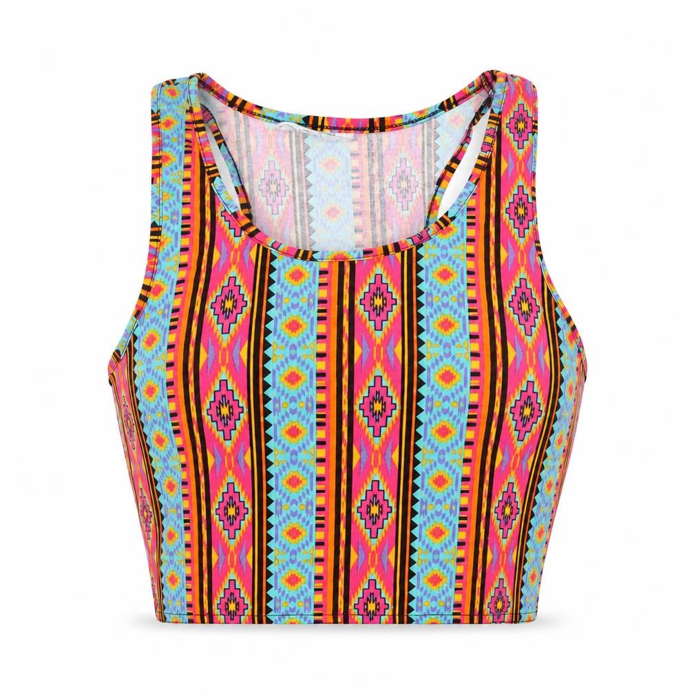New Look Womens Multicoloured Geometric Cotton Cropped Tank Size 10 Round Neck