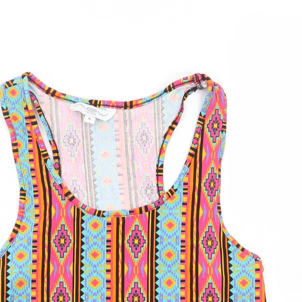 New Look Womens Multicoloured Geometric Cotton Cropped Tank Size 10 Round Neck