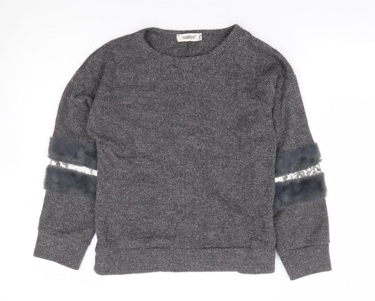 Maelys Girls Grey Round Neck Polyester Pullover Jumper Size 12 Years Pullover - Embellished Sleeves