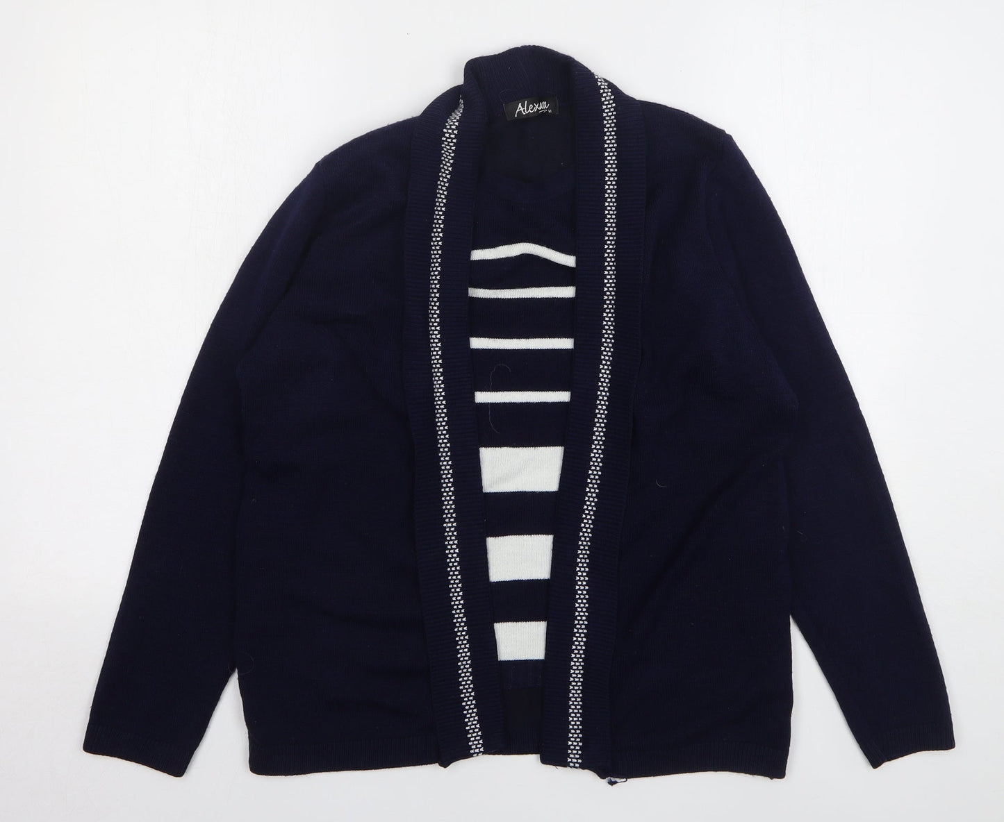 Alexara Womens Blue Round Neck Striped Acrylic Cardigan Jumper Size M