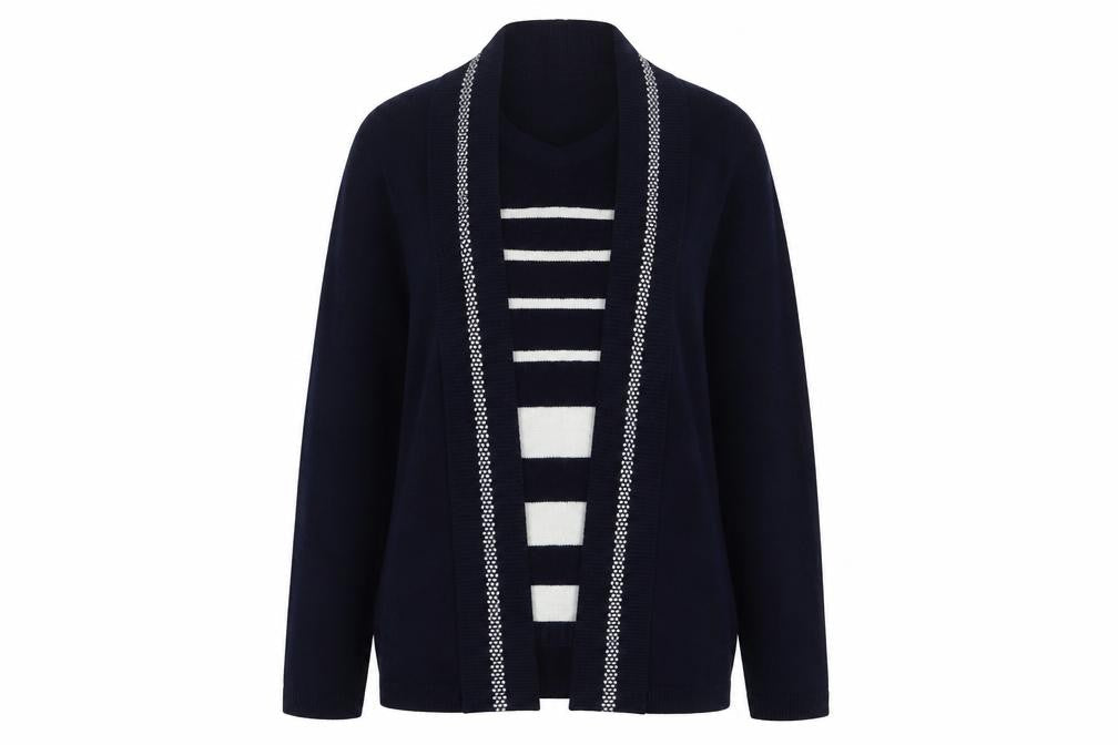 Alexara Womens Blue Round Neck Striped Acrylic Cardigan Jumper Size M