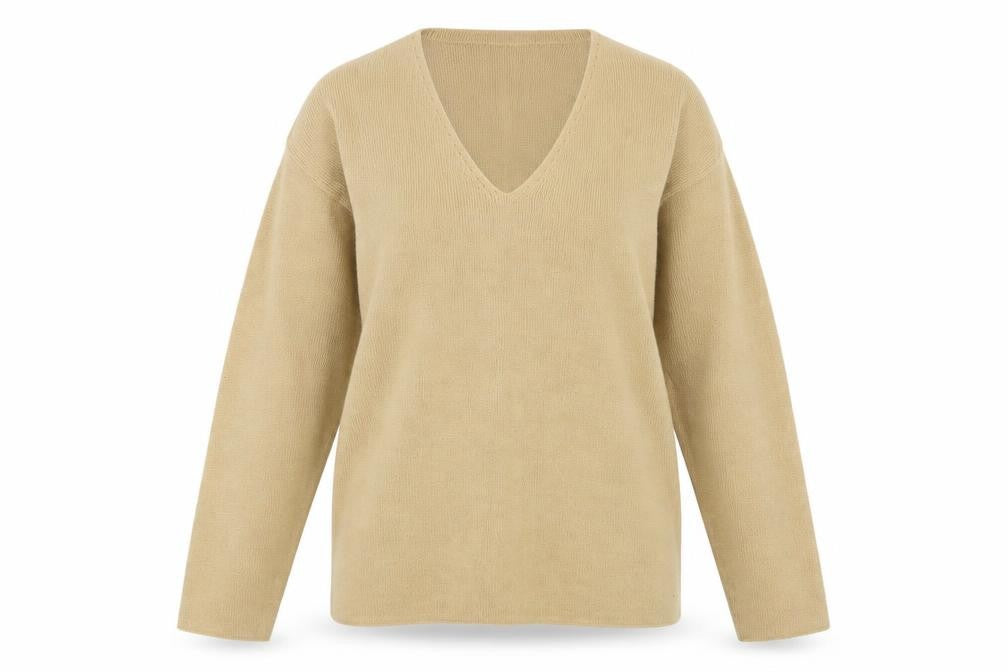 Canda Womens Beige V-Neck Acrylic Pullover Jumper Size S