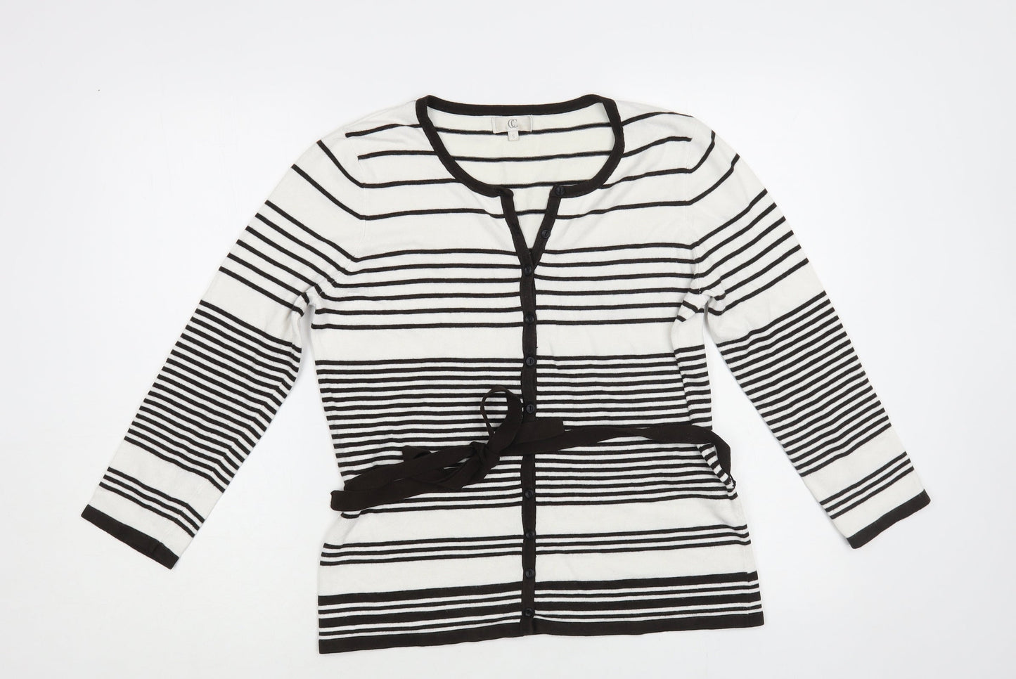 CC Womens White Round Neck Striped Viscose Cardigan Jumper Size S