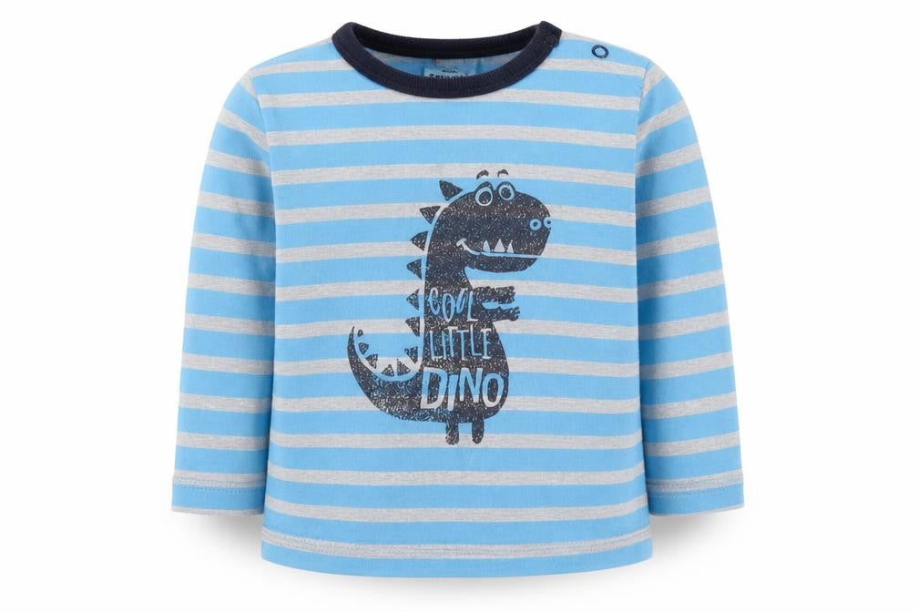 Topomini Boys Blue Striped Cotton Basic T-Shirt Size 2 Years Round Neck Snap - dinosaur