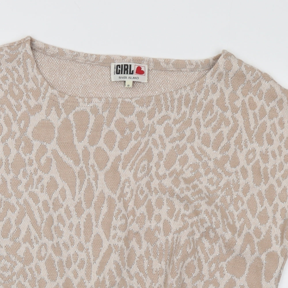 River Island Womens Beige Round Neck Animal Print Acrylic Pullover Jumper Size 8 - Leopard Print