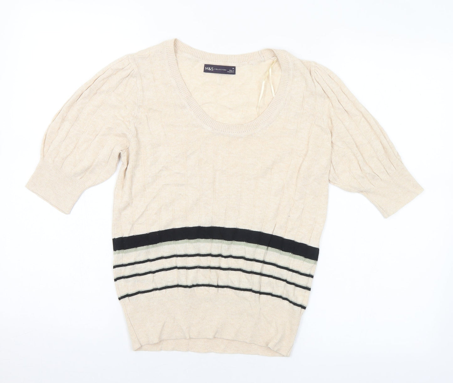 Marks and Spencer Womens Beige Scoop Neck Striped Viscose Pullover Jumper Size 10