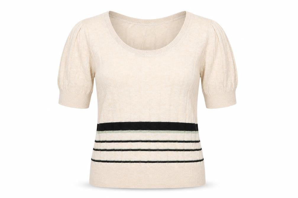 Marks & Spencer Womens Beige Scoop Neck Striped Viscose Pullover Jumper Size 10