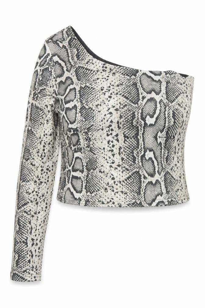 New Look Womens Beige Animal Print Polyester Basic T-Shirt Size 14 One Shoulder