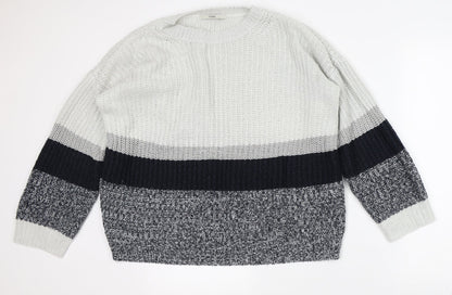 Preloved George Mens Grey Crew Neck Striped Acrylic Pullover Jumper Size L - Front