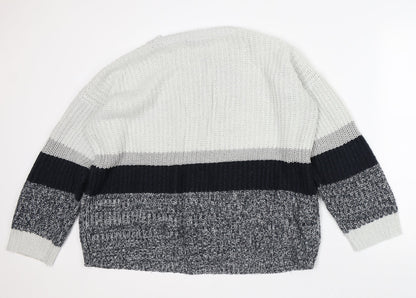 Preloved George Mens Grey Crew Neck Striped Acrylic Pullover Jumper Size L - Back