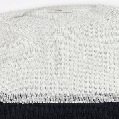 Preloved George Mens Grey Crew Neck Striped Acrylic Pullover Jumper Size L - Detail