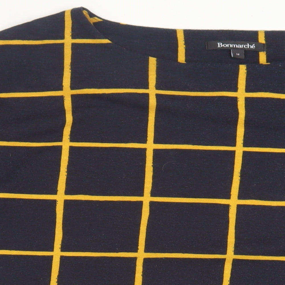 bonmarch Womens Blue Plaid Polyester Basic T-Shirt Size 14 Crew Neck