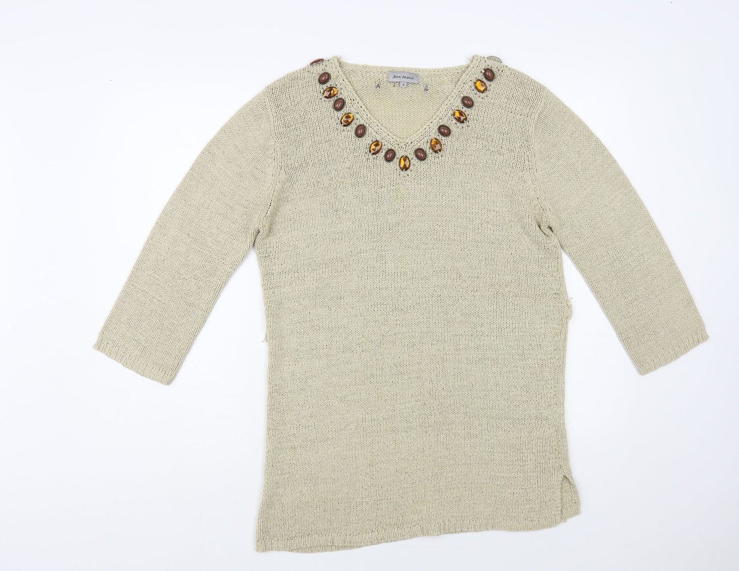 Ann Marie Womens Beige V-Neck Acrylic Tunic Jumper Size M - Embellished Neckline