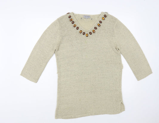 Ann Marie Womens Beige V-Neck Acrylic Tunic Jumper Size M - Embellished Neckline