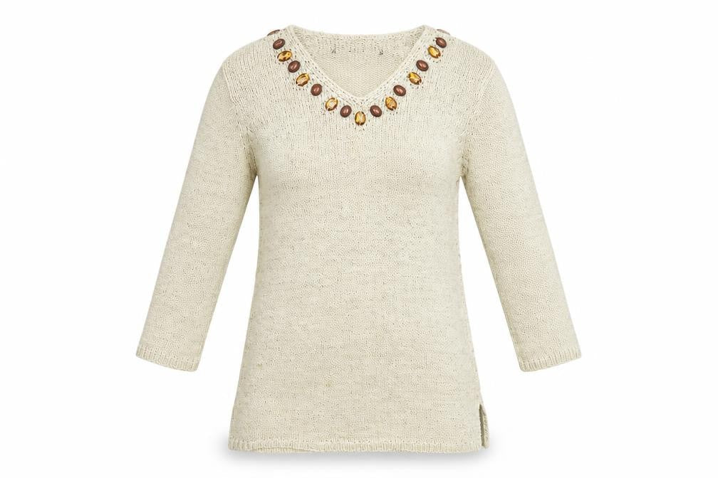 Ann Marie Womens Beige V-Neck Acrylic Tunic Jumper Size M - Embellished Neckline
