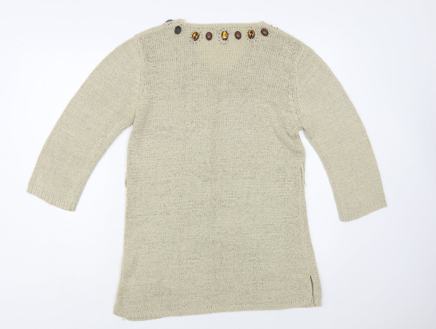 Ann Marie Womens Beige V-Neck Acrylic Tunic Jumper Size M - Embellished Neckline