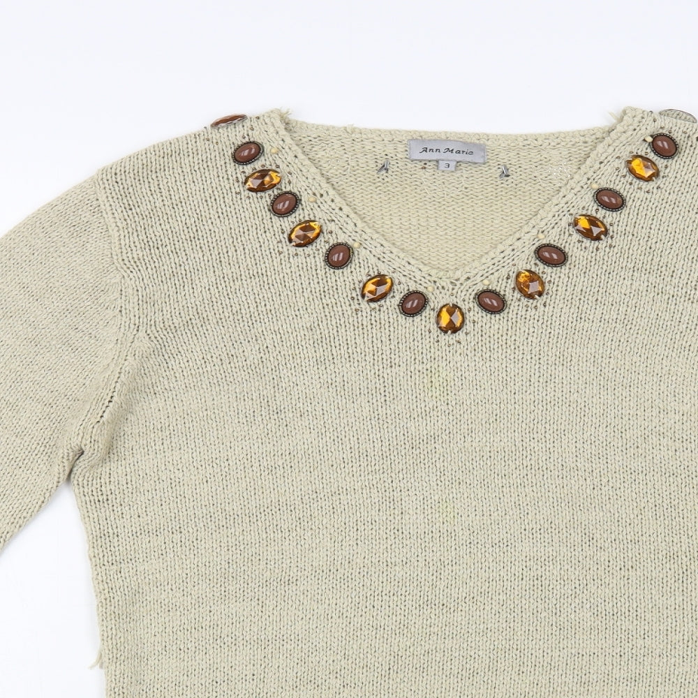 Ann Marie Womens Beige V-Neck Acrylic Tunic Jumper Size M - Embellished Neckline