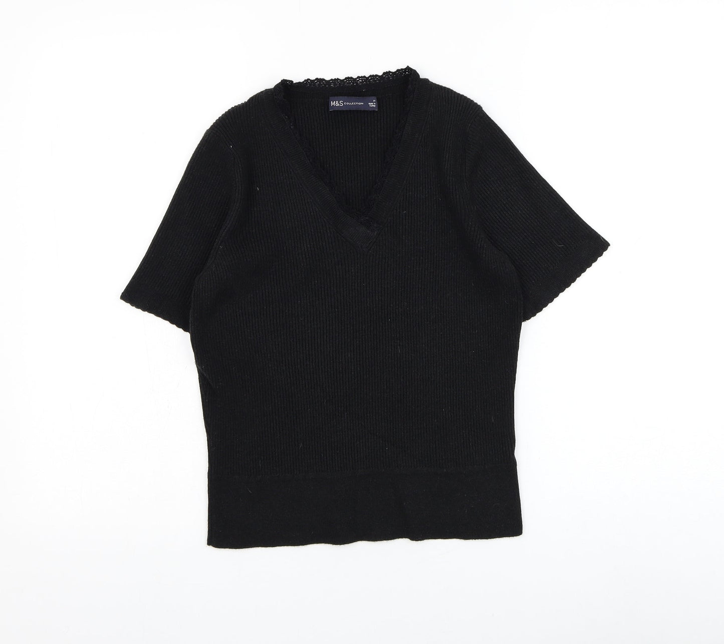 Marks and Spencer Womens Black V-Neck Polyester Pullover Jumper Size 14