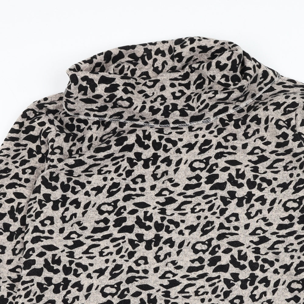 Preworn Womens Beige Roll Neck Animal Print Polyester Pullover Jumper Size L - Leopard Print